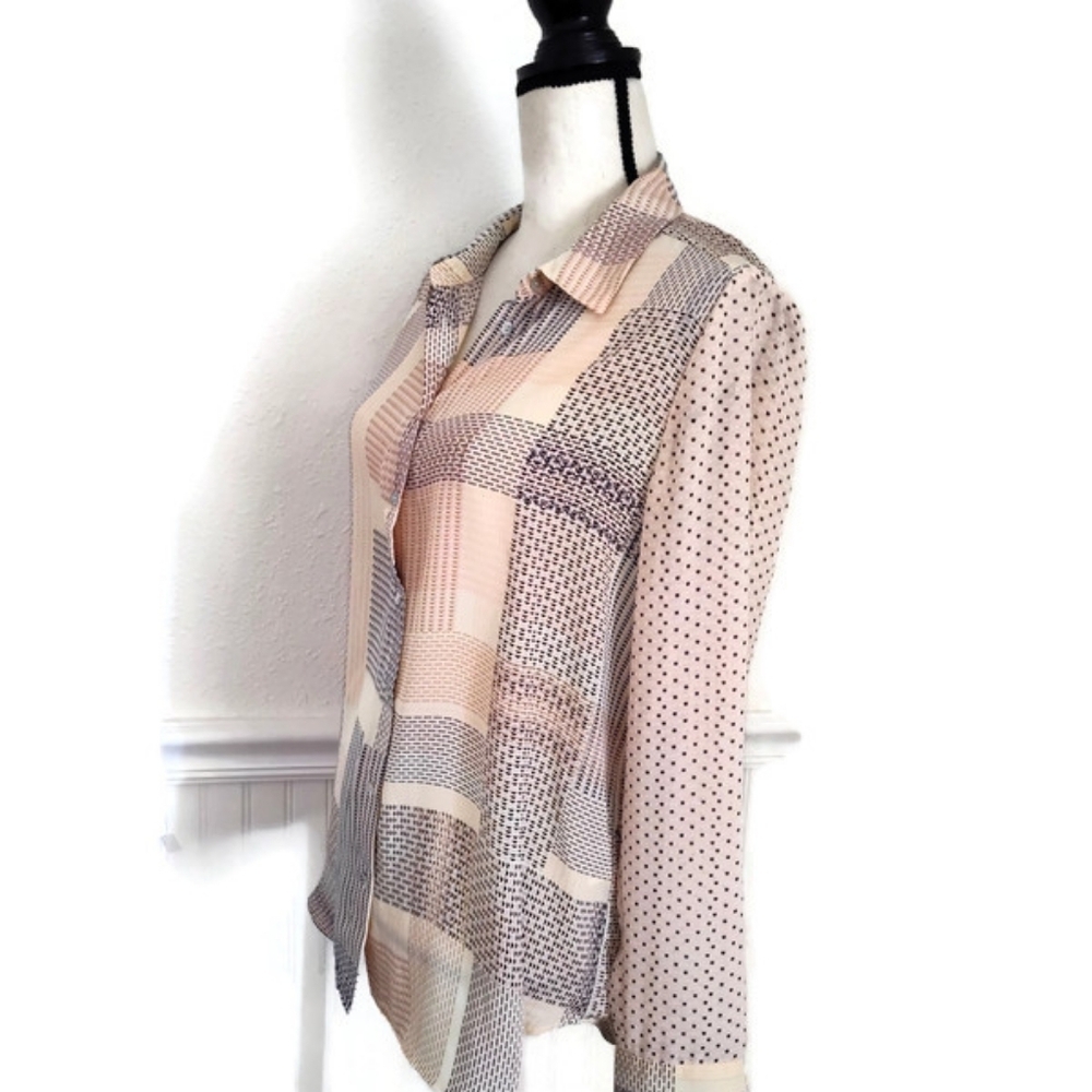 Rose & Olive Semi Sheer Long Sleeve Polka Dot Check Pattern Peach Black & Blue T - Picture 3 of 6
